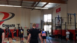 College athletes warm-up with hand balls at Velocity Cross Fit - Los Angeles, California 7
